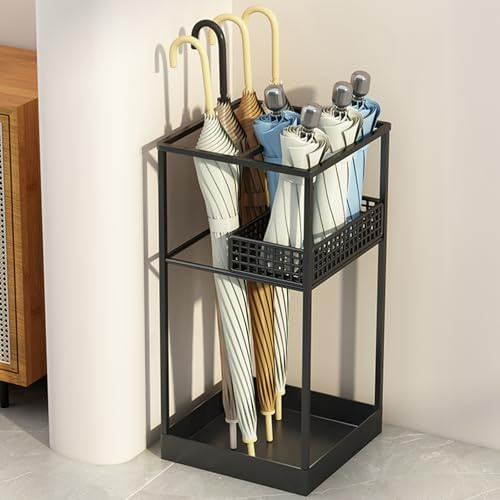 Hltdzer Indoor Large-capacity Standing Umbrella Stand Commercial Metal Umbrella Holder for Entryway Corridor Entrance Umbrellas Barrel with Removable Drip Tray(Black)