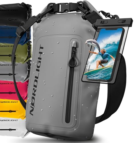 Nordlight Dry Bag Sac Étanche avec Pochette Étanche Téléphone, Fermeture Roll-Top, Bandoulière | Sac à Dos étanche Nautique, Sac Impermeable Etanche | Natation Plage Sup Bateau - Gris (Opaque), 30 L