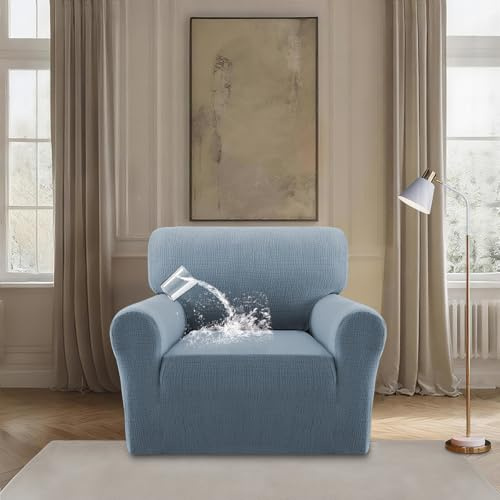 BellaHills Wasserdicht Sofa überzug, Super Elastisch Sofabezug Mit Armlehnen Waschbarer, Sofaschoner rutschfest für Hunde Katzen und Haustiere, Graublau, 1 Sitzer(75-90CM)
