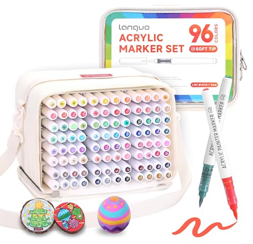 Languo Set di 96 pennarelli con vernice acrilica, set di pennarelli con punta morbida e sacchetto per pennarelli, pennarelli con vernice acrilica per tessuto, legno, pietra, tela, vetro