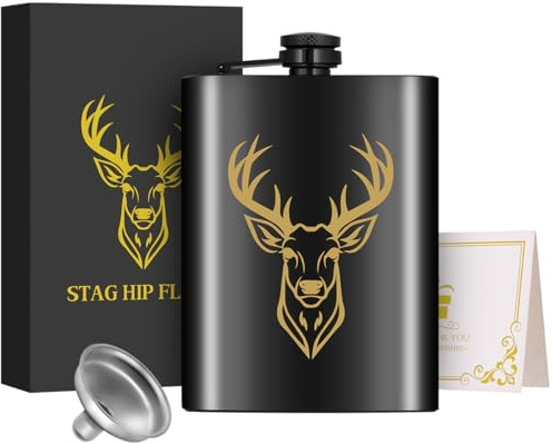 8oz/237ml Edelstahl Flachmann, Taschenflasche, Golden Hirschkopf Muster | Geschenke für Jäger, Hirschjagd Flachmann, mit Trichter und Grußkarte, Geschenkbox, Camping, Wandern und Outdoor Aktivitäten