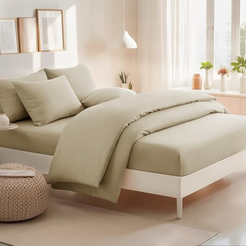 RUIKASI King Bedding Set 4 Piece Khaki - Duvet Cover Kingsize Sets with Microfiber Fitted Sheet and Pillow Cases