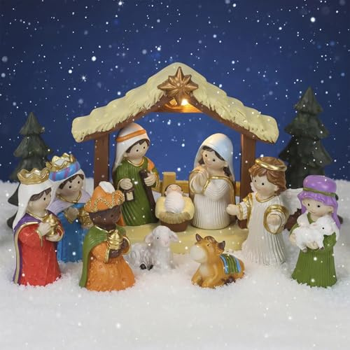 Top-Spring Lot de 13 Figurines de crèche, crèche de Noël avec éclairage, Petites Figurines de crèche, étable, crèche de Noël intérieure, scène Native (Film de Dessin animé)