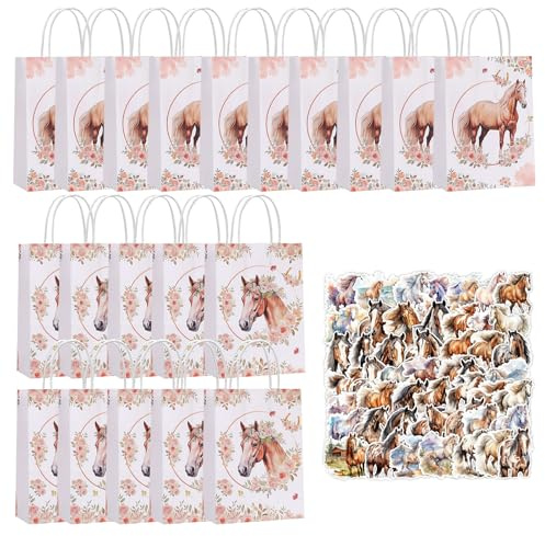 20 Stück Pferde Geschenktüten mit Henkel, Pferd Party Taschen mit 50 Pferde Sticker Geschenktaschen Kinder Pferd Tüten Klein Papier Gastgeschenke für Party Geburtstag Hochzeit 21 x 15 x 8 cm