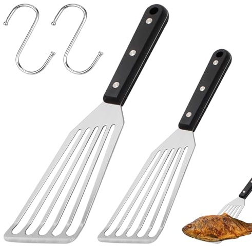 2 PCS Fish Spatula,Metal Slotted Spatula Turner,Stainless Steel Fish Turner with ABS Solid Handle for Flipping,Frying and Grilling,Attached S Hooks,Fish Slice Spatula(11inch & 12.5inch)