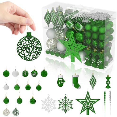 FIVMEN Weihnachtskugeln Grün 138er Set Christbaumschmuck Weihnachtsdeko Plastik inkl. Christbaumkugeln, Stern, Schneeflocke Weihnachtsdekoration Weihnachtsschmuck