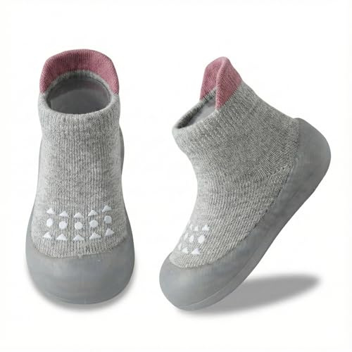 AniKigu Baby Sock Shoes Toddler Walking Slippers Grey 6-9months | Soft Rubber Sole,Non-Slip,Breathable,Baby Boys Girls Sneakers
