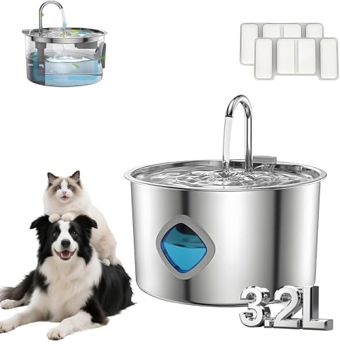 Huiteng XR Dog Water Fountain, 4-Stage Filtration, 3.2L Stainless Steel | Cat Water Fountain with Visual Water-Level, Ultra-Quiet Operation, Natural Water Flow Design, Easy to Clean, for Cats & Dogs