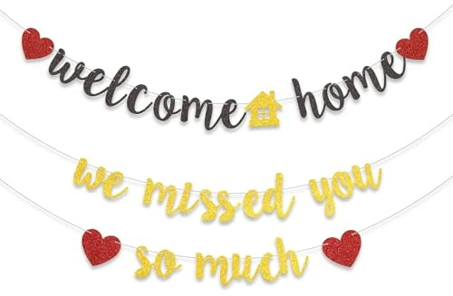 NiceNaiils Decorazioni Bentornata a Casa - Festone Welcome Home e We Missed You So Much in Cartoncino Nero e Oro Glitter, Banner per Festa di Rientro, Nuova Casa o Nascita, Facile da Appendere