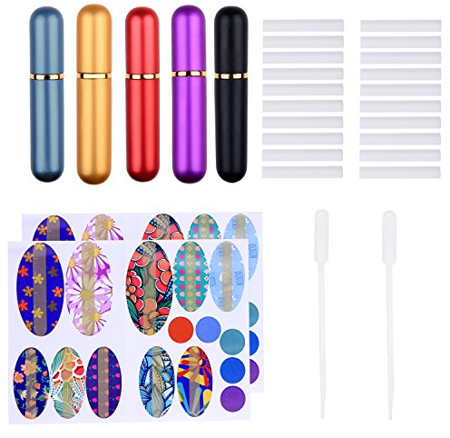 Tubes d'inhalateur - Aluminium et Verre - l'utilisation d'aromathérapie à l'huile Essentielle de Bricolage - 5 Tubes inhalateurs élégants, 25 mèches, Outil, 78 inscriptibles, 2 Compte-Gouttes