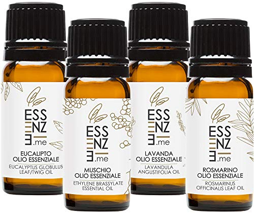ESSENZE KIT SET 4 OLI ESSENZIALI Puri al 100% Naturali 10ml Olio Essenziale Lavanda, Rosmarino, Muschio, Eucalipto. Per Diffusori Ambiente Aromaterapia. Controllati e Confezionati in ITALIA.