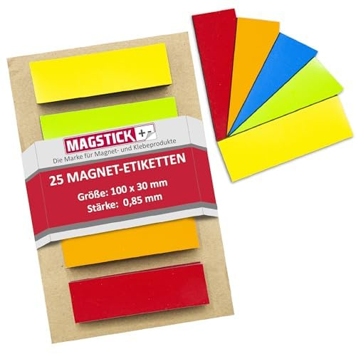 Magstick 25 Stück farbige Magnet-Etiketten je 10 x 3 cm abwischbar - mag217 | Rückseite magnetisch, 5 unterschiedliche Farben: 5x rot, Größe 100 x 30 mm / 0,85 mm stark, 5x hellgrün, 5x hellblau, 5x gelb