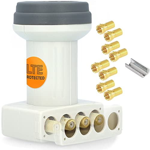 [ Test SEHR GUT, Note 1.2 *] GSS Helios Quattro LNB + 8X Fstecker, mit LTE Abschirmung & Sun Protect Schutz, nur für Multischalter Multiswitch geeignet, kein Direktanschluss, 4K LMB für Sat Spiegel