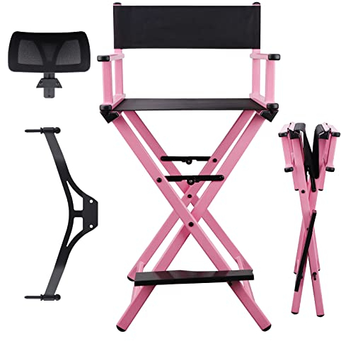 Lorvain Pink Foldable Makeup Artist Stool Chair, Aluminum Makeup Chair with Head Rest for Studio Salon Vanity, Bar Height