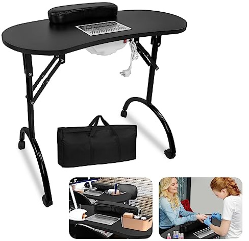 LZQ Table à ongles avec aspiration, table de manucure pliable avec aspirateur à ongles, roulettes et coussin de poignet, table de manucure mobile pour aspirateur de poussière, 90 x 37 x 77 cm, noir