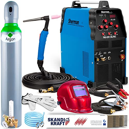 Sherman TIG 201 AC/DC - HF-Zündung WIG Schweißgerät AC DC mit 4m SR26 WIG-Schweißbrenner und präzise Steuerung - Profi Schweißgerät für Aluminium mit MMA-Schweißmodus - Set: ProfessionalPlus