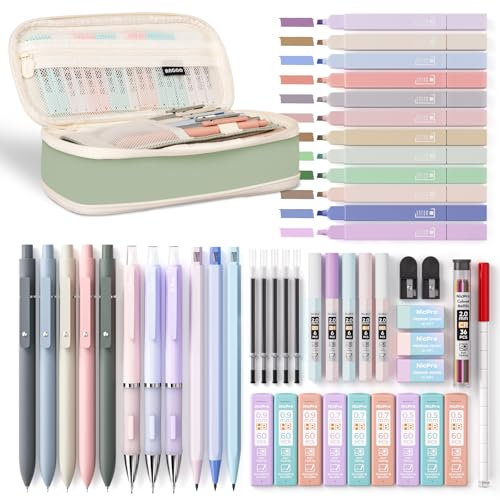 Nicpro 50-teilig Schulsachen mit Federmäppchen, 5 einziehbaren schwarzen Gelstifte, 12 Farben Textmarker, 6 Druckbleistift 0,5 & 0,7 & 0,9 & 2,0 mm, ideales Schüler Zubehör zum Schreiben und Zeichnen