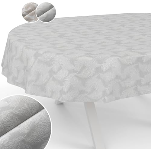 Tischdecke Stoff abwaschbar Lurex Tischtuch Tafeldecke Teflon beschichtet pflegeleicht Lotuseffekt schmutz- & wasserabweisend Kate Floral Blätter Oval 240x140cm Schnittkante Silber