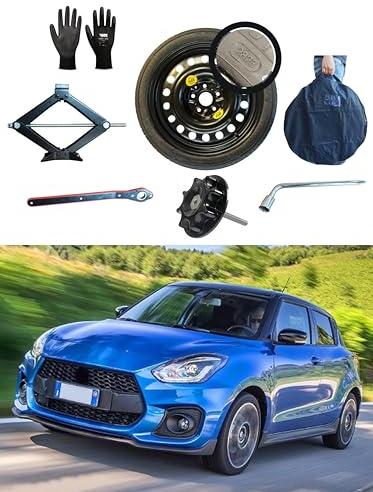 Kit Roue de secours 17 compatible avec Suzuki Swift Sport 2WD (2018>) avec Cric, Clé, Vis, Gants et Sac 125/70R17