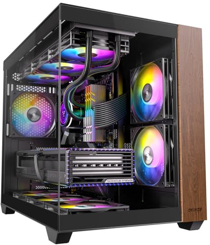 Okinos Genuine Walnut Wood PC Case, Pre-Installed 4 x 120mm ARGB & PWM Fans, Type-C Port, Panoramic View Tempered Glass Side Panel, Black, ATX Case, Mid-Tower, Mirage 6