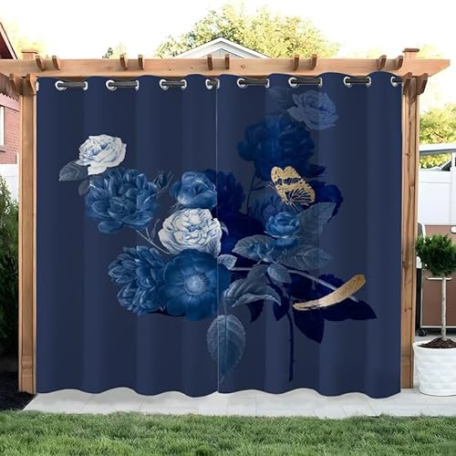buyluhn Blumen Outdoorvorhänge Wetterfest Blau Outdoor Vorhänge Wasserdicht Balkon Vorhang Außen 2er Set Outdoor Vorhang mit Ösen Outdoor Gardinen für Pavillon Terrasse, 213x213cm