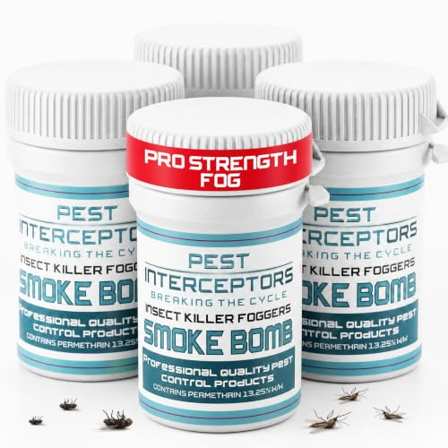 PEST INTERCEPTORS SMOKE BOMB - Insect Foggers, 4 Pack, for House Flies, Mosquitoes, Cockroaches, Bedbugs, Fleas, Moths, cluster flies and Beetles