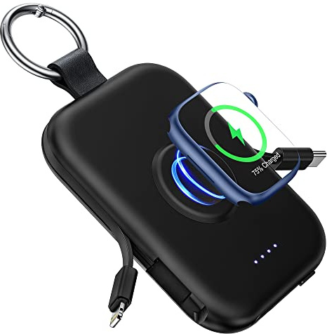 RORRY CharmGo Powerbank 5000mAh, Power Bank mit Integriertem USB C Kabel | Reise Schlüsselanhänger,Tragbarer Externe Handyakkus für iPhone 17/16/15/14/13/12, Apple Watch Ultra/11/10/9/8/7/6/SE,Schwarz