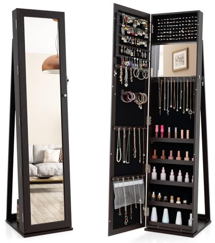 HOMFME Armoire de Rangement 2 en 1 avec Grand Miroir Psyché, Armoire a Bijoux en MDF avec Étagère de Rangement pour Bagues, Bracelets, Collier, Miroirs Incorporés, Idéal pour Chambre, Salon (Café)