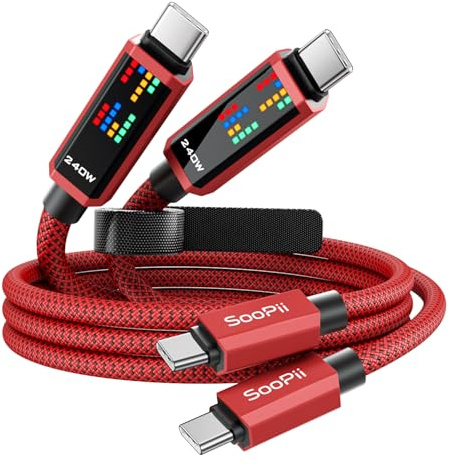 SOOPII Cavo di ricarica USB C PD 240W, ricarica superveloce con 3 effetti Chase LED display, cavo di ricarica USBC a USB C per iPhone 16/15, MacBook, iPad, Galaxy S25/S24, 1,2m,2pezzi, Rosso