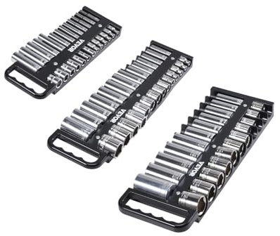 VEVOR Portable Socket Organizer Tray, 3-Piece Metric & SAE Socket Organizer Set, 1/4'', 3/8'' and 1/2'' Heavy-Duty Socket Holder with Handle & Magnetic Base for Tool Box Drawer, Hold up to 76 Sockets