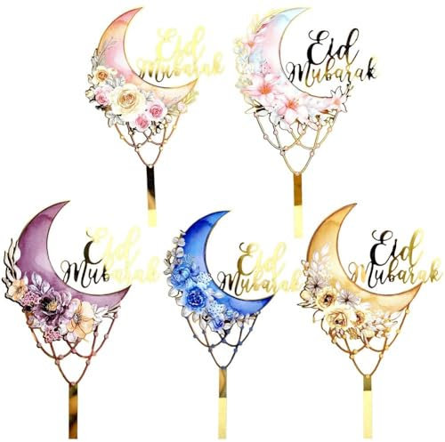 Dinntty Ramadan Cake Topper Acrylic Cake Topper Eid Mubarak Cake Cupcake Decoration with Stick for Islamic Muslim Party Supplies