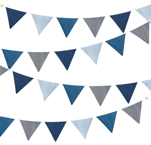 2 Sets of Blue Grey Nursery Garland 24Pcs Royal Fabric Linen Baby Banner Triangle Pennant Flags Streamers for Kids Boys Nautical Birthday Baby Shower Party Decorations Baby Bedroom Nursery Decor