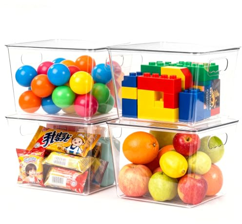Clear Stackable Fridge Organiser with Lids, 4 Pack L Size 30x20x15CM | Stackable clear storage containers with handles, pantry organizer for kitchen, fridge and freezer