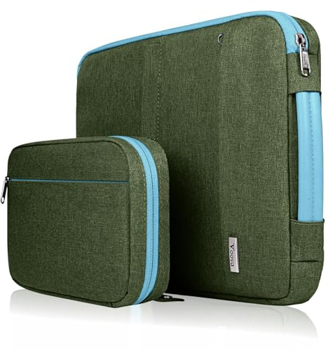 Voova Laptop Sleeve 13-14 Inch, Waterproof Case with Pouch, Army Green | 2-in-1 waterproof sleeve with padded lining, PU handle and detachable accessory pouch for 13-14 inch laptops.
