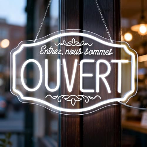 Lxmoneon Enseigne Lumineuse Néon OUVERT, Enseigne murale LED blanche Ouvert, intensité variable pour entreprise, Néon Entrez, nous sommes ouvert lettres pour magasin bar café restaurant fête