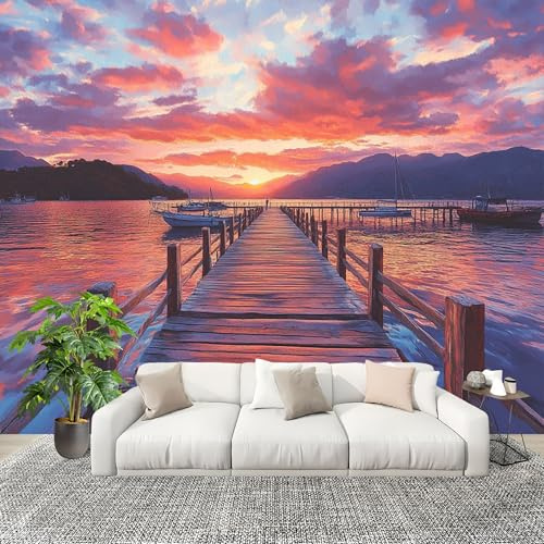 Muelle Junto Al Mar Al Anochecer Fotomurales Pared Papel Pintado 400x280 cm PúRpura Tejido No Tejido Fotomurales Dormitorio Para la sala Decoración de pared tipo póster Fondo De Pantalla