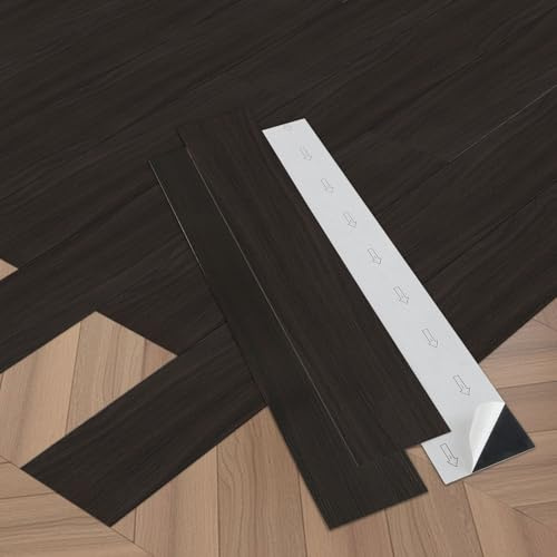 Home Nature, PVC Bodenbelag, Vinylboden Selbstklebend, Wasserdichte Bodenfliesen, Verschleißfest & Einfach zu Schneidbar, Bodenaufkleber für Küche, Wohnzimmer (Schwarzbraun Holzoptik, 91 * 15cm)