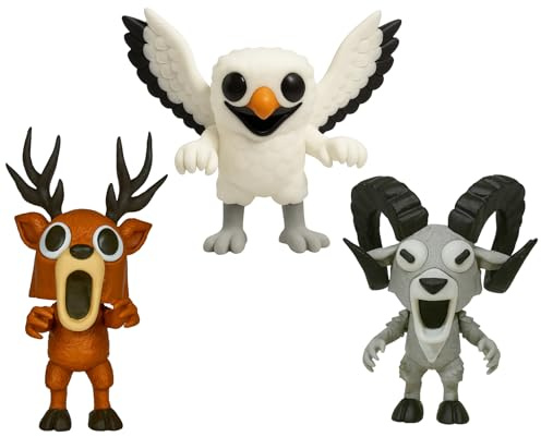 3-pack ledade figurer 99 nätter i skogen – uggla hjort och get 14 cm – samlarfigurer från 99 nätter i skogen – nörd dekoration, originalgåva, tecknade och skräckliknande dockor
