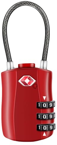 Diyife TSA Approved Luggage Locks with Flexible Steel Cable, Easy to Set up | 3-Digit Combination Suitcase Locks, Small Padlocks with Code for Travel, Bag, Backpack, Zinc Alloy Body (Red, 1 Pack)