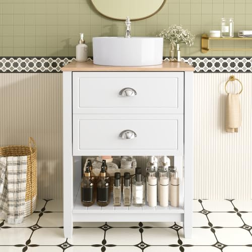 muenfly Badezimmerschrank mit Waschbecken – Stehender Waschtisch mit Keramik Rundbecken, 2 Schubladen & offenem Ablagefach, 60 cm, Weiß & Holzoptik
