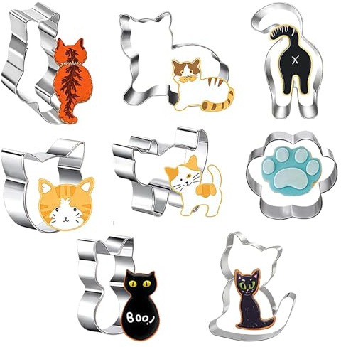 YEJAHY 8 moldes para galletas con forma de gato, de acero inoxidable para niños, diseño de gatos para hornear, pasteles y decoración