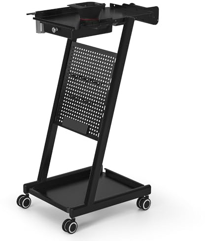 BarberPub Carro de peluquería con cajón y 2 estantes, Carro de Trabajo con Bol para colorante, Soporte para Papel y 5 Ganchos, Carro de salón de Metal 47x39x94 cm, 0085 (Negro)