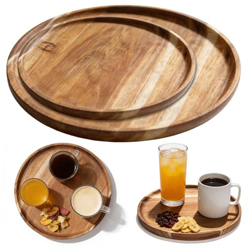 Aicharynic 2 Stück Holztablett Rund, 25cm+20cm Serviertablett Holz, Servierplatte, Akazienholz Serviertablett Schlemmerplatte Bambustablett Küchentablett für Küche, Frühstück, Kaffee, Tee