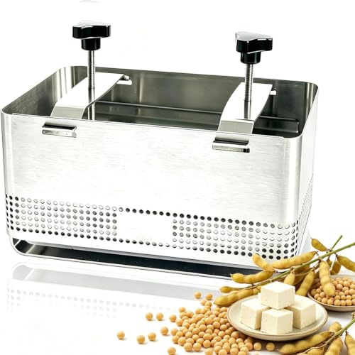HKFGSHOP Kommersiell tofu-pressform, tofupress och form tillverkad av rostfritt stål 304 med Tofu-pressduk och droppskål, böjd bärare, integrerad tryckanordning, avtagbar för enkel rengöring XL