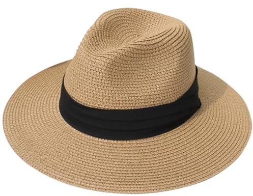 Lanzom Women Wide Brim Straw Panama Roll up Hat Fedora Beach Sun Hat UPF50+ (A-Square Belt Brown)