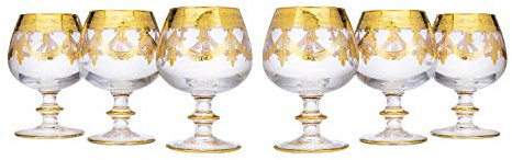 Interglass Italy Luxury Crystal Brandy Snifters, Vintage Design 24kt Gold Hand Decorated Cognac Goblets, Set of 6