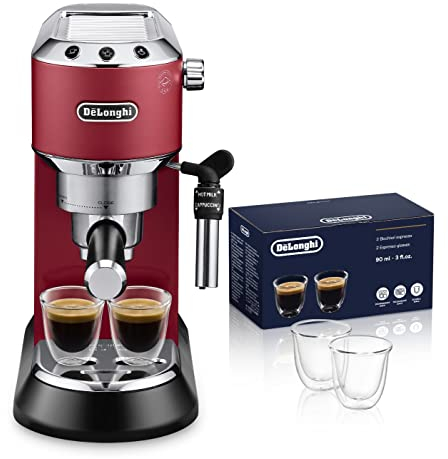 De'Longhi Dedica EC685.R Macchina da Caffè Espresso Manuale e Cappuccino + 2 bicchieri espresso, Caffè in Polvere o in Cialde E.S.E., Pompa a 15 bar, 1350 W, Rosso
