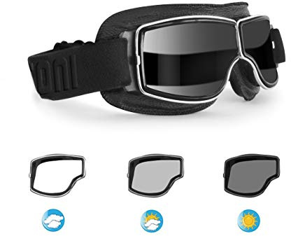 Bertoni Aviator Motorcycle Vintage Goggles Photochromic Lenses F188PH Motorbike Sunsensor Black Leather Glasses for Helmets