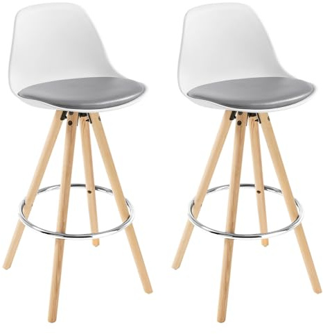WOLTU Barhocker 2er Set Barstuhl aus Kunstleder Holzgestell mit Lehne + Fußstütze Design Stuhl Küchenstuhl optimal Komfort Grau+Weiß