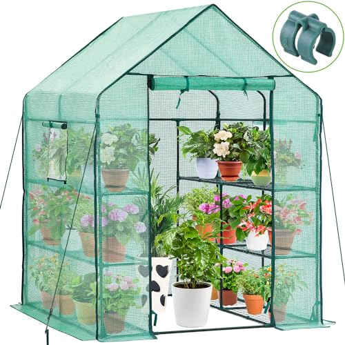 Ohuhu Greenhouse for Outdoors with Shelves, Walk in Green House Plant Growhouse with Heavy Duty Cover, 3 Tiers 12 Shelves Plastic Greenhouse with Ground Pegs & Ropes for Stability 143x143x195 cm